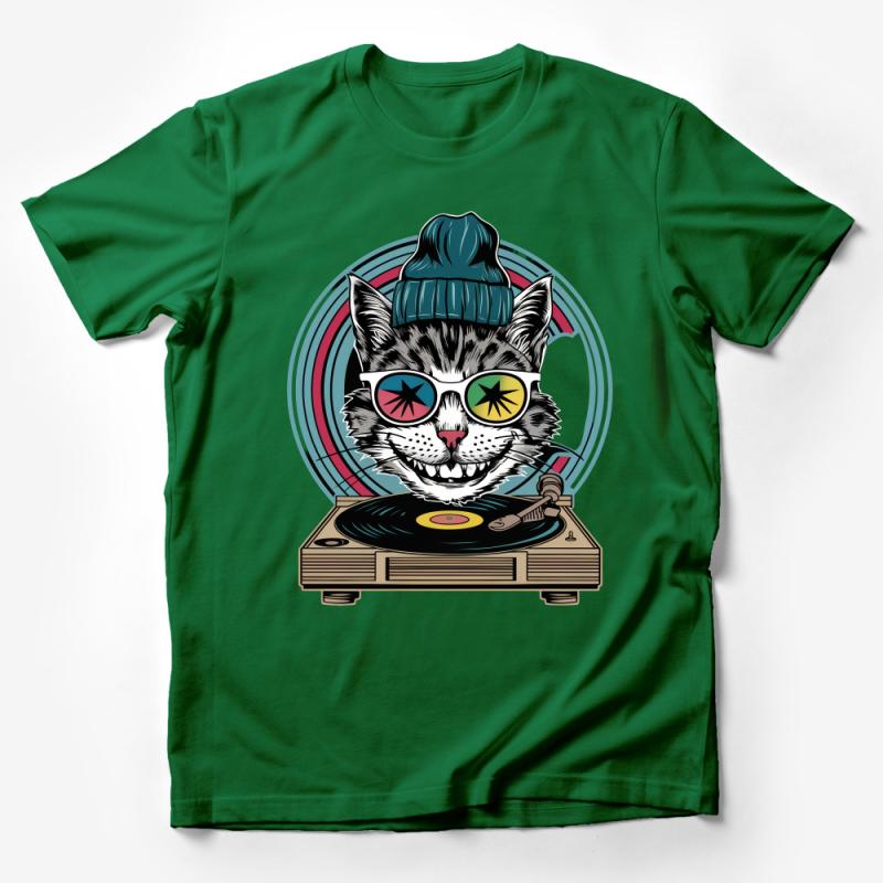 Hipster Cat DJ T-Shirt, Retro Cat with Glasses and Beanie, Vintage Vinyl Record Player, Music Lover Tee, Unisex Graphic Shirt Male T-Shirt