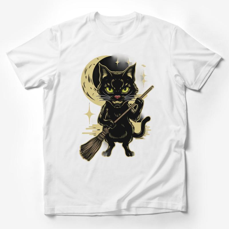 Witchy Black Cat T-Shirt, Moon and Stars, Whimsical Halloween Graphic Tee, Cute Feline Witch Apparel Male T-Shirt