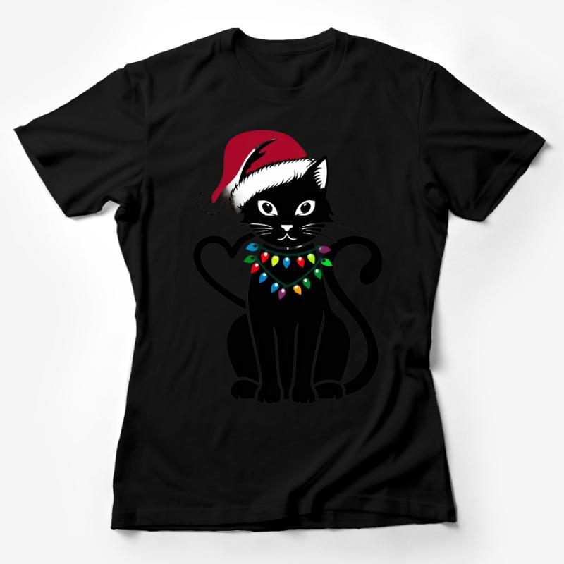 Christmas Cat T-shirt, Cute Santa Hat Kitty, Festive Holiday Lights Tee, Unisex Xmas Gift Top, Black Cat Lovers Apparel, Casual Wear Female T-Shirt