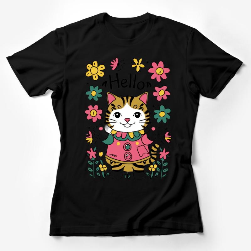 Cute Cat T-shirt for Kids, Cartoon Kitty with Flowers, Colorful Animal Tee, Fun Hello Kitty Shirt, Unisex Children's Clothing Female T-Shirt