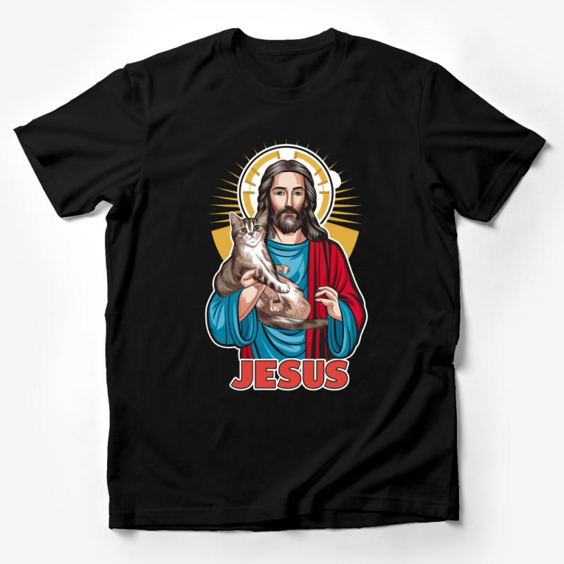 Jesus Holding Cat T-Shirt, Religious Graphic Tee, Christian Cat Lover Shirt, Faith Inspired Casual Wear, Unisex Clothing Gift Male T-Shirt