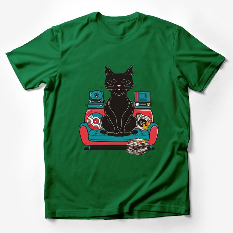 Whimsical Cat on Sofa T-Shirt, Retro Style Cat Lover Tee, Quirky Feline Graphic Shirt, Unisex Clothing Gift Male T-Shirt