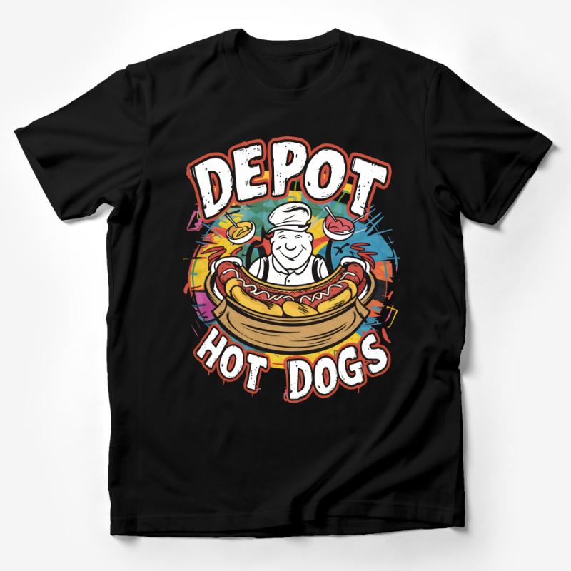 Colorful Hot Dog Depot Graphic Tee, Unisex Street Food T-Shirt, Casual Dining Tee, Urban Style Hotdog Lover Shirt, Gift Idea Male T-Shirt