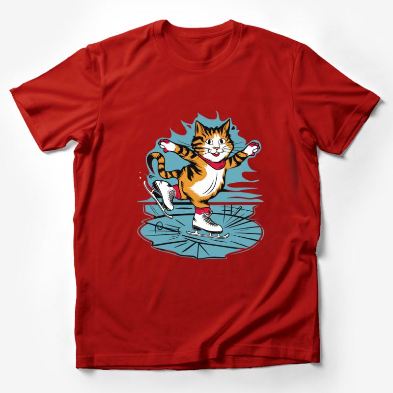 Whimsical Skating Cat T-Shirt, Fun Winter Ice Skating Feline Tee, Unisex Casual Shirt for Cat Lovers Male T-Shirt