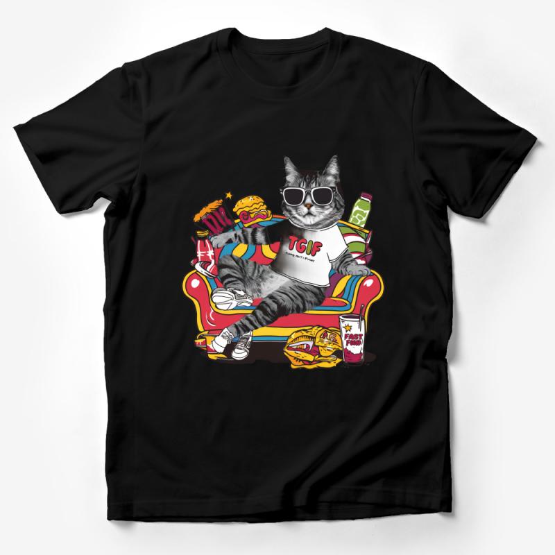 Funny Cat T-Shirt, TGIF Party Cat with Fast Food, Unisex Graphic Tee, Cat Lover Gift, Casual Weekend Shirt, Cool Cat with Sunglasses Male T-Shirt