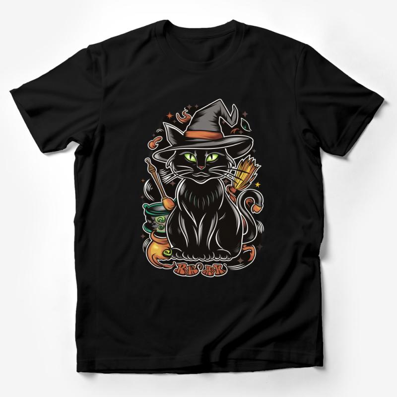 Witchy Black Cat T-Shirt, Halloween Witch Hat Tee, Spooky Feline Graphic Shirt, Unisex Cat Lover Gift, Cool Witchcraft Top, Unique Apparel Male T-Shirt