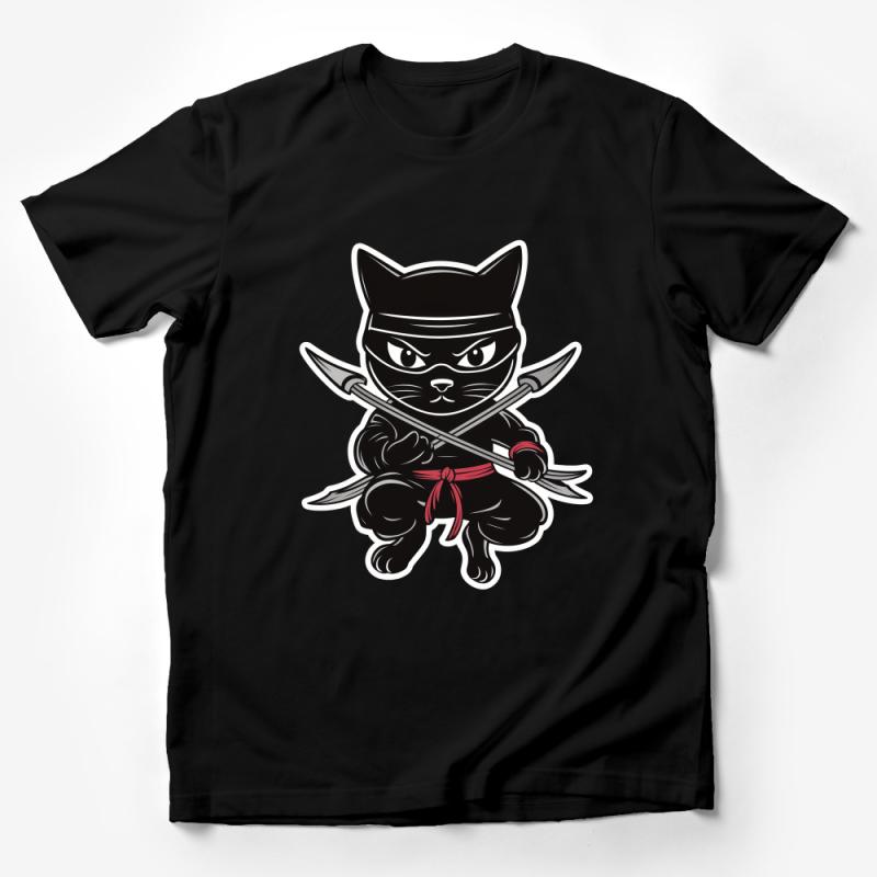 Ninja Cat T-Shirt, Cute Martial Arts Kitty Graphic Tee, Black Cat Samurai Top, Unisex Adult Clothing, Gift for Cat Lovers Male T-Shirt