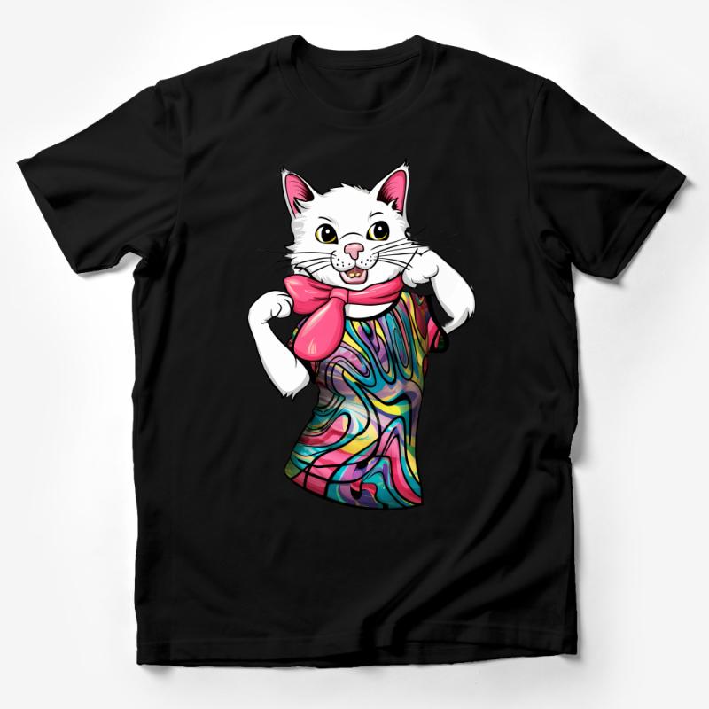 Colorful Abstract Cat T-Shirt, Funky Feline with Pink Bow, Artistic Animal Tee, Psychedelic Kitty Shirt, Fun Pet Lover Gift, Unisex Top Male T-Shirt