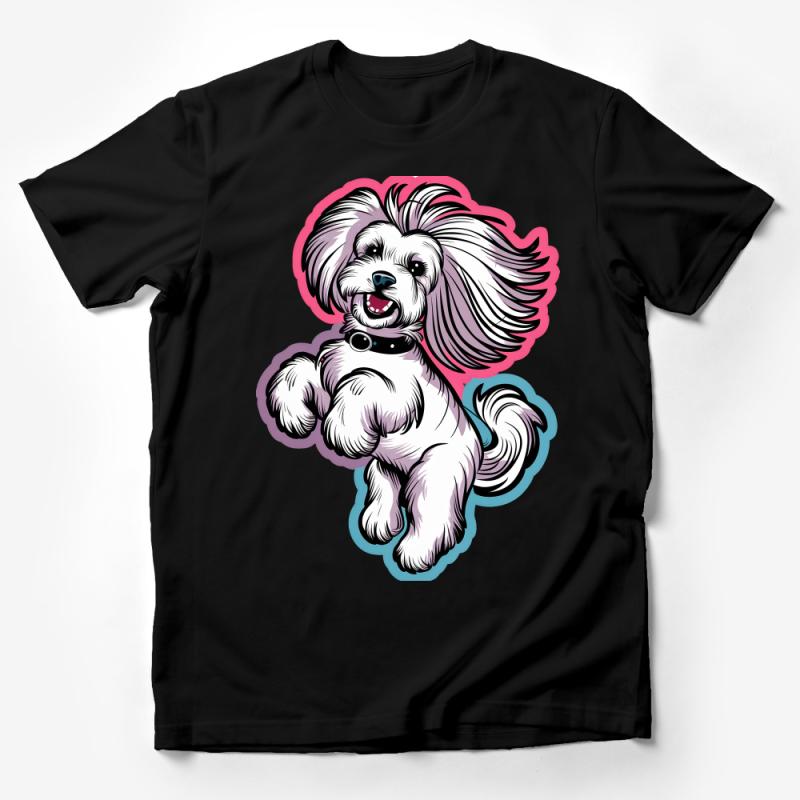 Cute Fluffy Dog Cartoon T-Shirt, Happy Puppy Graphic Tee, Unisex Casual Shirt for Dog Lovers, Fun Pet Illustration Apparel Male T-Shirt