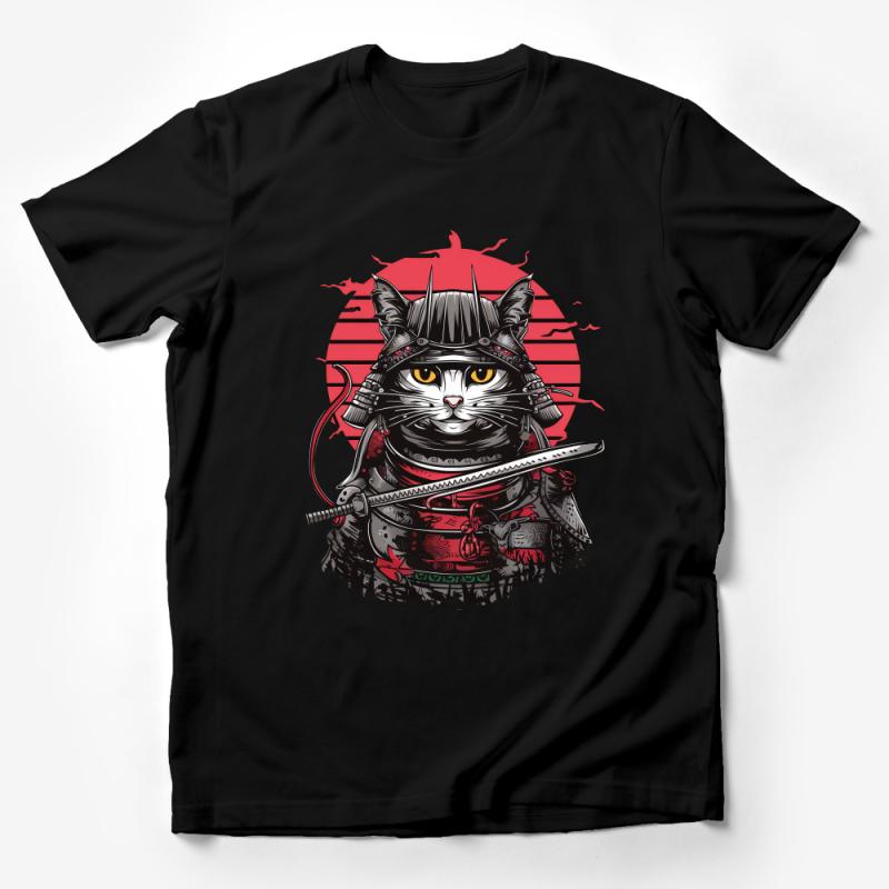 Samurai Cat T-Shirt, Japanese Warrior Kitty Tee, Unique Graphic Shirt, Unisex Cotton Top, Cool Gift for Cat Lovers Male T-Shirt