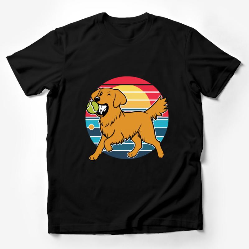 Golden Retriever Dog T-Shirt, Colorful Retro Sunset, Pet Lovers Tee, Casual Canine Apparel, Unisex Graphic Shirt, Gift Idea for Dog Owners Male T-Shirt