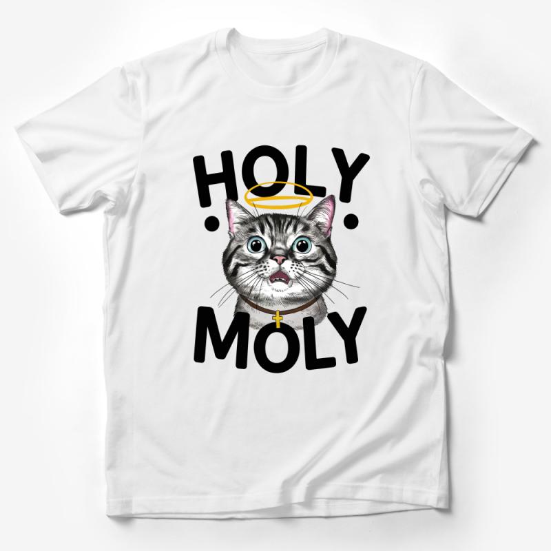 Holy Moly Cat T-Shirt, Funny Cat with Halo Graphic Tee, Unisex Cat Lover Shirt, Cute Feline Casual Apparel, Gift for Cat Owners Male T-Shirt