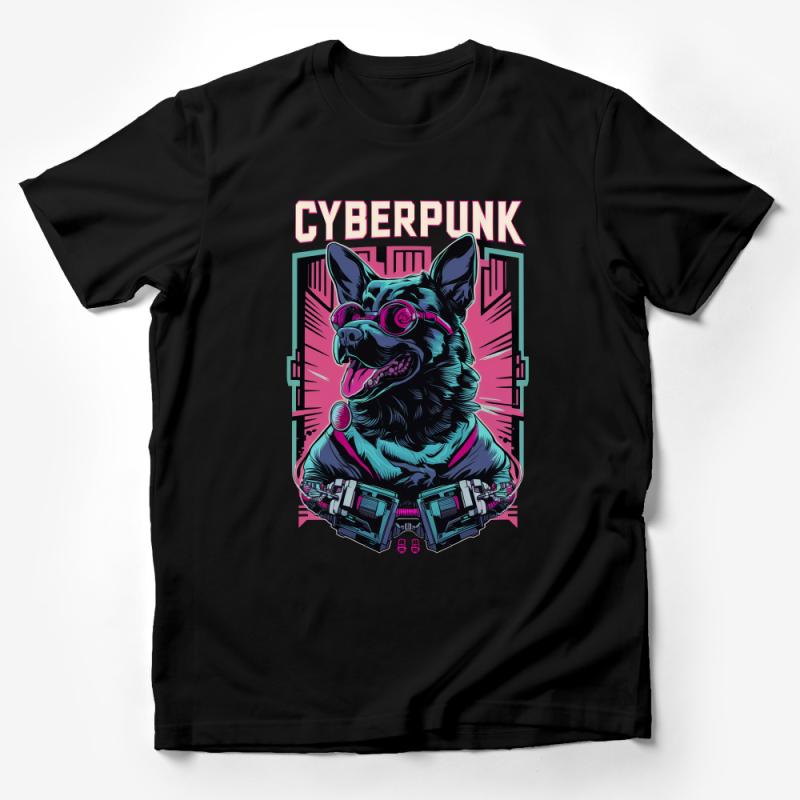 Cyberpunk Dog T-Shirt, Neon Retro Sci-Fi Animal Tee, Cool Tech Canine Fashion, Unisex Graphic Shirt, Gift for Gamers Male T-Shirt