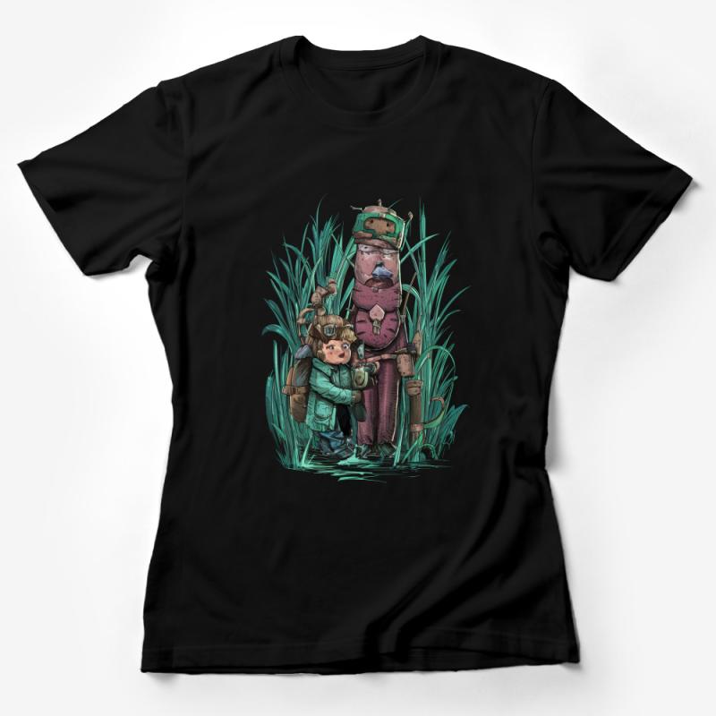 Adventure Graphic Tee, Kid Explorer and Friendly Creature, Unique Illustrated T-Shirt, Fantasy Art Clothing, Nature Hiking Shirt Female T-Shirt