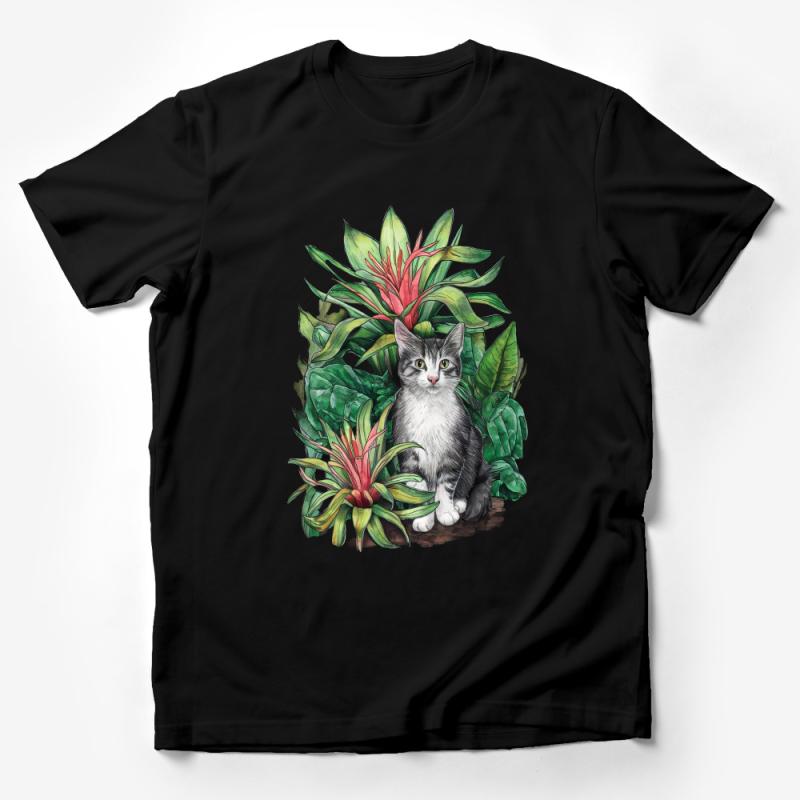 Tropical Cat T-Shirt, Cute Kitten with Exotic Plants Tee, Cat Lover Gift, Unisex Adult Clothing, Summer Fashion Top, Floral Cat Shirt Male T-Shirt