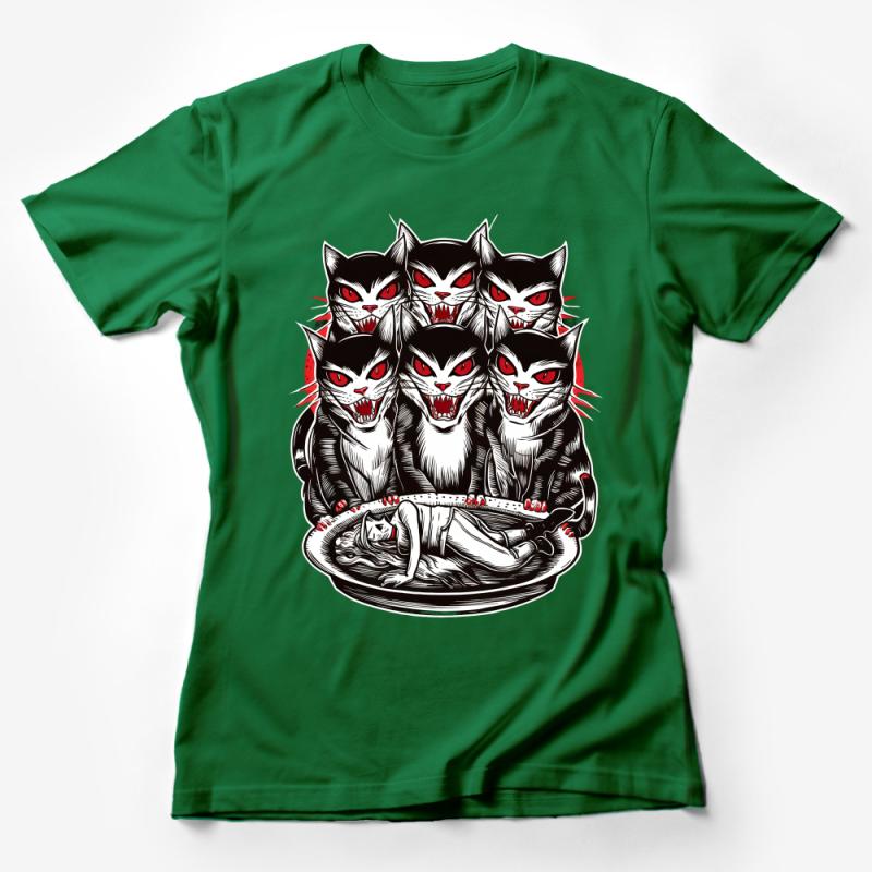 Gothic Cat Cult T-Shirt, Dark Art Feline Lovers Tee, Unisex Horror Cat Graphic Top, Alternative Clothing Unique Cat Illustration Shirt Female T-Shirt