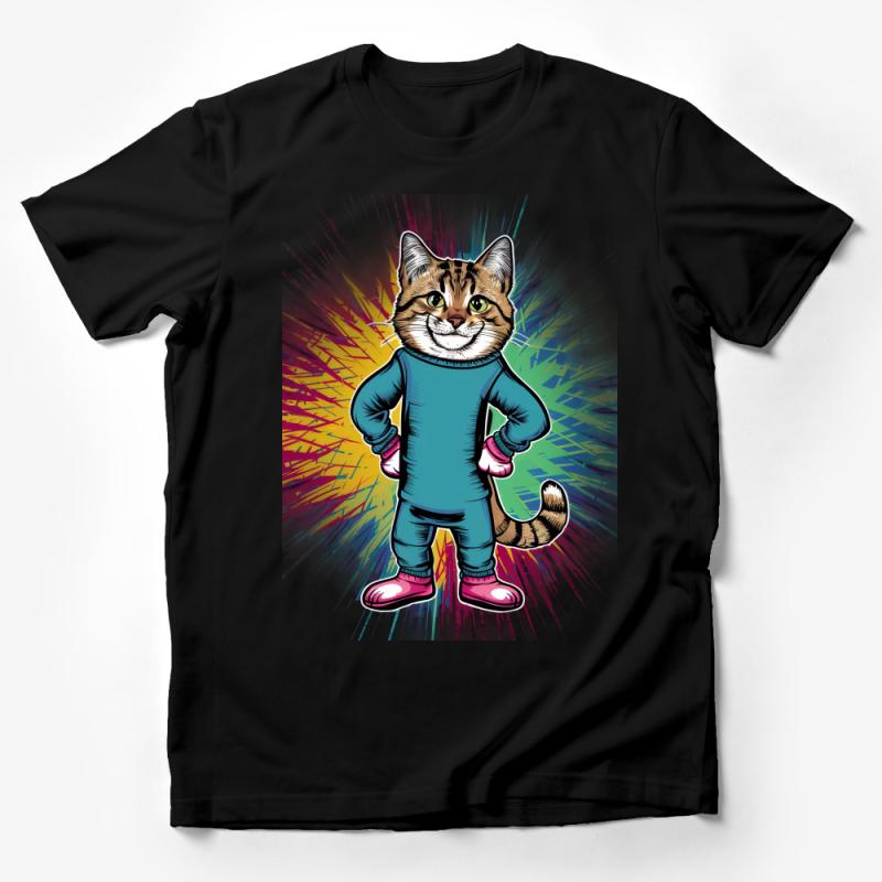 Cartoon Cat in Blue Outfit T-Shirt, Fun Feline Graphic Tee, Casual Unisex Cat Lover Shirt Male T-Shirt