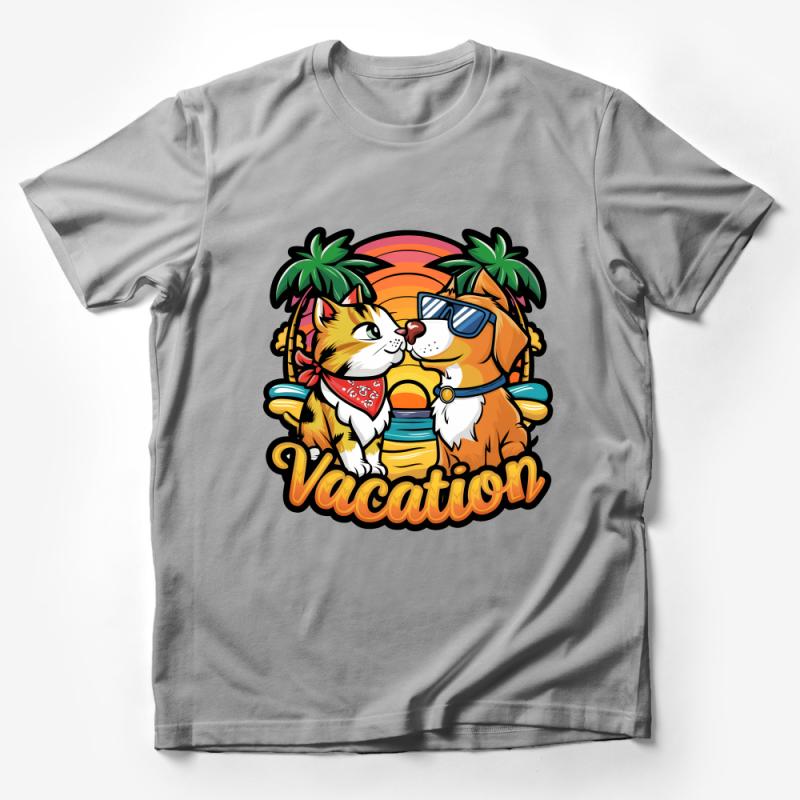 Tropical Vacation Cat and Dog T-Shirt, Cute Animal Graphic Tee, Sunset Beach Palm Tree Shirt, Unisex Summer Casual Top Male T-Shirt