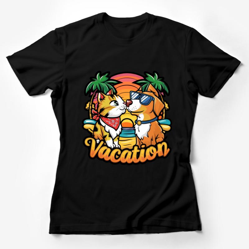 Tropical Vacation Cat and Dog T-Shirt, Cute Animal Graphic Tee, Sunset Beach Palm Tree Shirt, Unisex Summer Casual Top Female T-Shirt