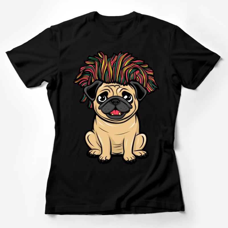 Colorful Rasta Wig Pug T-Shirt, Cute Dog Lover Tee, Unisex Fun Pug Life Shirt, Gift for Pet Owners, Jamaican Inspired Canine Apparel Female T-Shirt