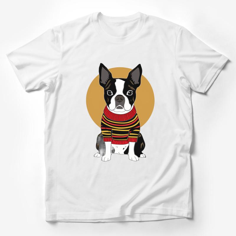 Boston Terrier Puppy in Striped Sweater T-Shirt, Cute Dog Lover Tee, Unisex Graphic Tee, Animal Illustration Shirt Male T-Shirt