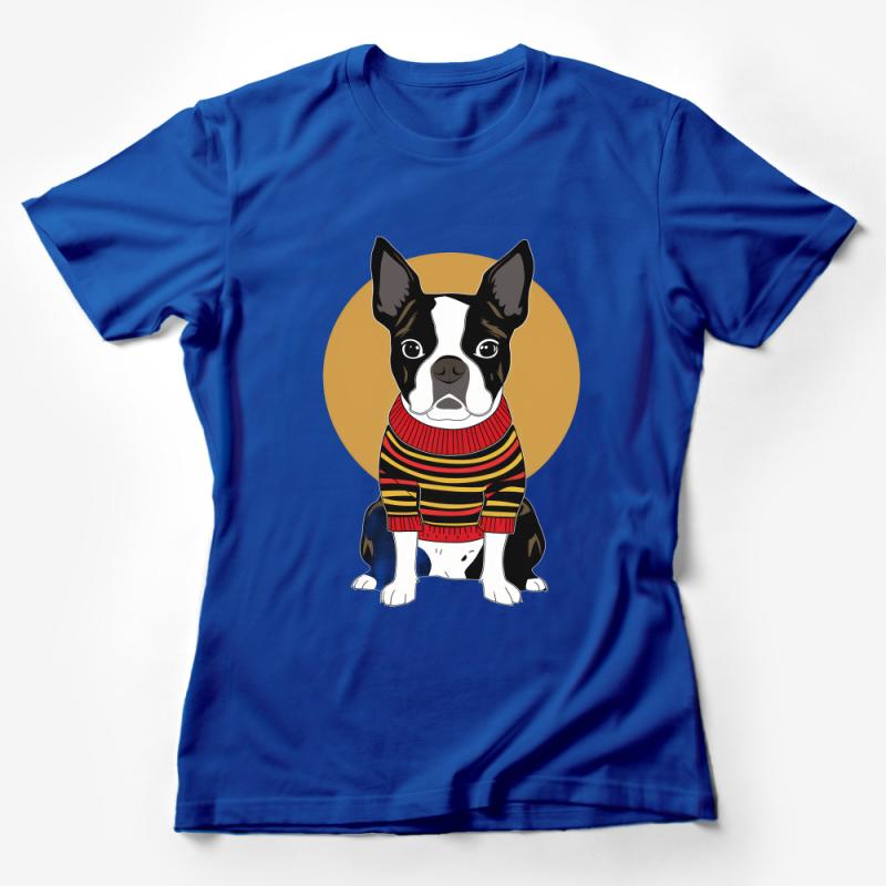 Boston Terrier Puppy in Striped Sweater T-Shirt, Cute Dog Lover Tee, Unisex Graphic Tee, Animal Illustration Shirt Female T-Shirt