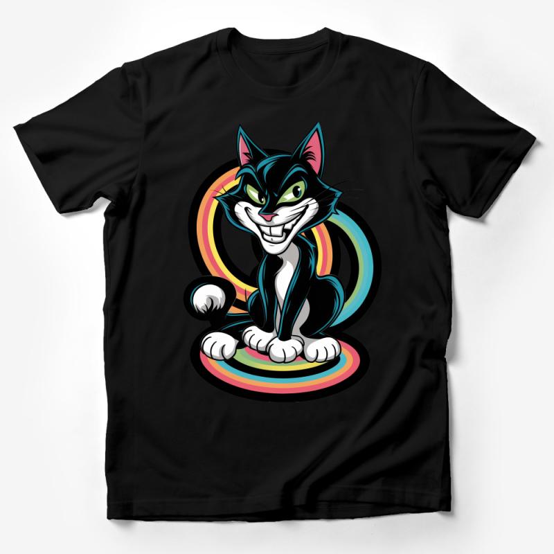 Cartoon Cat T-Shirt, Vibrant Retro Style Feline Graphic Tee, Unisex Casual Shirt for Cat Lovers Male T-Shirt