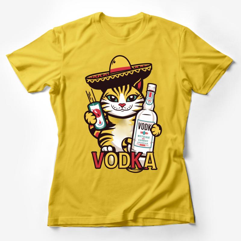 Funny Cat T-Shirt, Vodka Loving Kitten with Sombrero, Mexican Theme Party Tee, Humor Graphic Shirt, Unisex Female T-Shirt