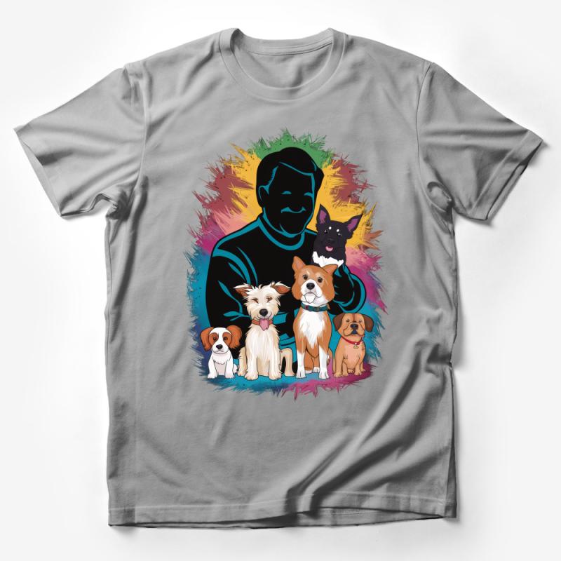 Colorful Dog Lover T-Shirt, Man with Dogs Graphic, Pet Owner Gift, Animal Lover Tee, Casual Unisex Shirt, Dog Pack Illustration Top Male T-Shirt