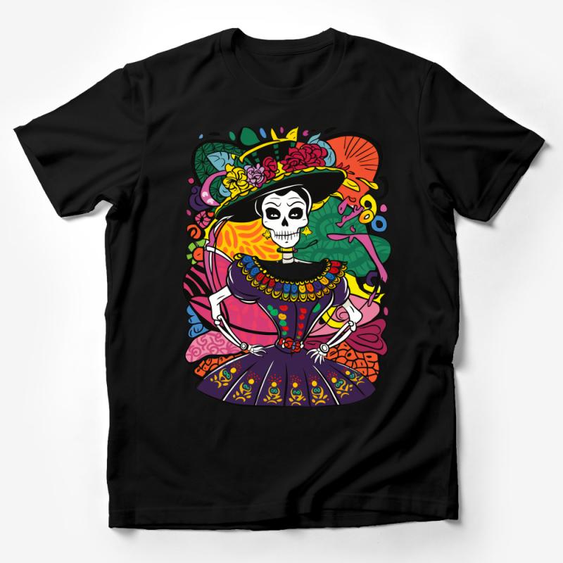 Day of the Dead Colorful Sugar Skull Lady Tee, Mexican Dia de los Muertos T-Shirt, Floral Skull Graphic Tee, Folk Art Top for Women Male T-Shirt