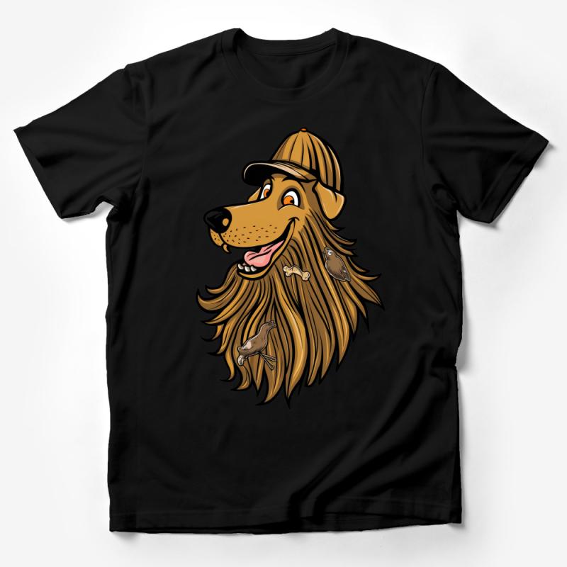 Cartoon Dog with Cap and Birds Graphic Tee, Casual Animal Illustration Shirt, Unisex Novelty Tee, Gift for Dog Lovers Male T-Shirt