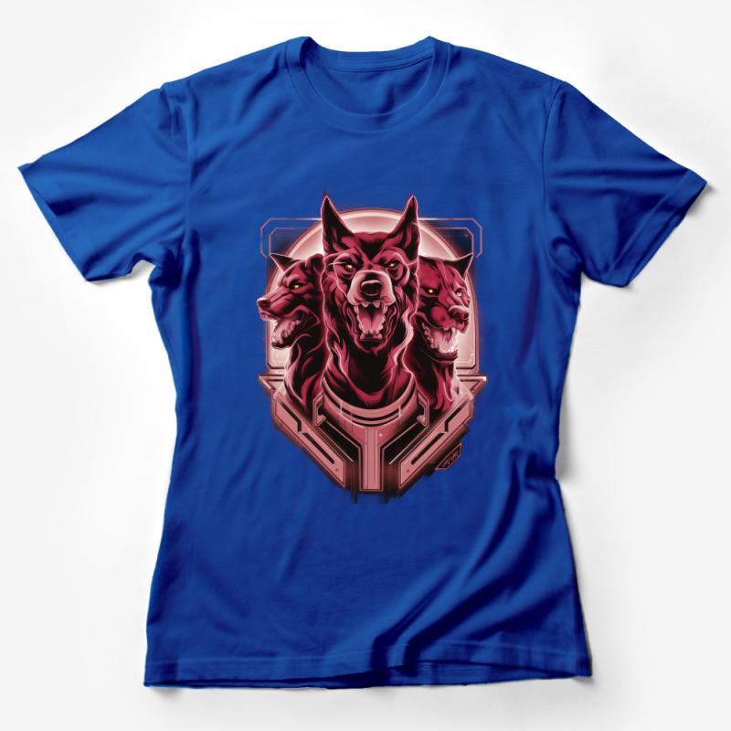 Three-Headed Cyber Dog T-Shirt, Futuristic Robotic Animal Graphic Tee, Unique Sci-fi Pet Illustration Shirt, Unisex Apparel Female T-Shirt