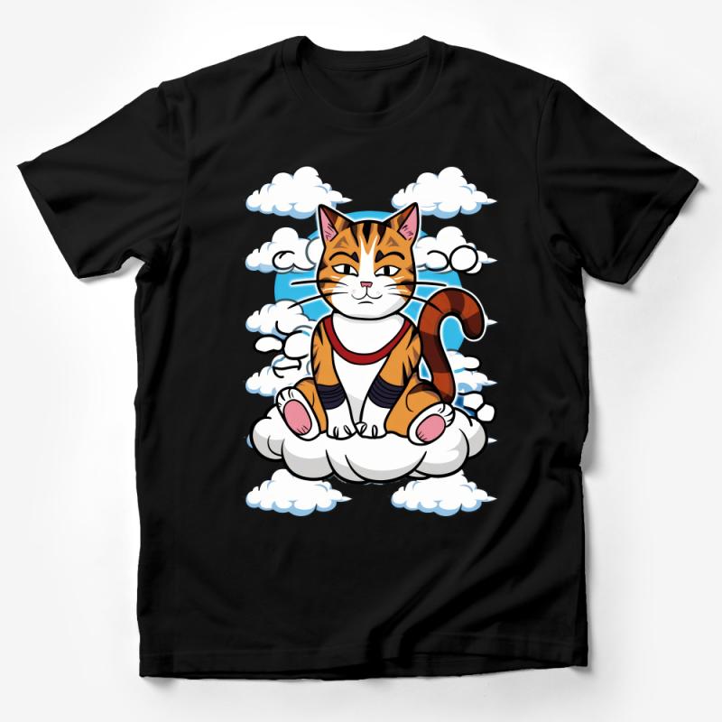 Cute Cartoon Cat on Cloud T-Shirt, Whimsical Kitten Graphic Tee, Unisex Casual Comfort Wear, Animal Lover Gift Idea Male T-Shirt