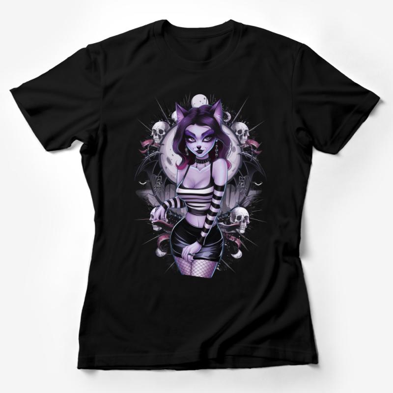 Gothic Cat Girl T-Shirt, Dark Fantasy Art, Skull Moon Graphic Tee, Alternative Fashion, Women's Fitted Tee, Unique Illustration Top Female T-Shirt