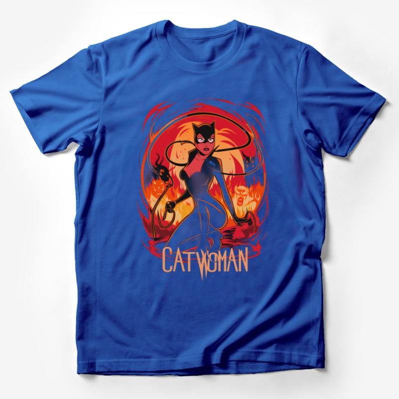 Superhero Feline Vigilante Tee, Bold Comic Style Catwoman Graphic T-Shirt, Fan Art Apparel Male T-Shirt