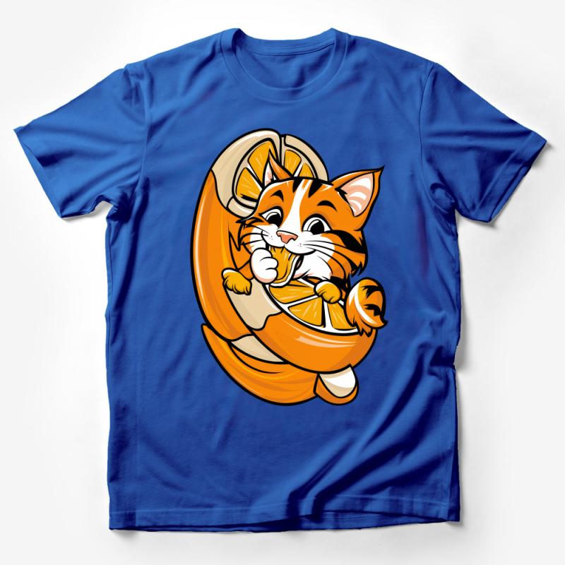 Cute Orange Tabby Cat T-Shirt, Kitten Biting Orange Fruit Design, Unisex Graphic Tee, Casual Wear, Funny Cat Lover Gift, All Sizes Male T-Shirt