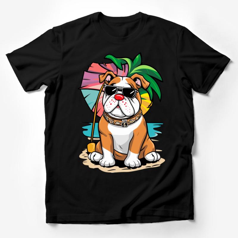 Tropical Bulldog T-Shirt, Colorful Beach Dog Tee, Summer Vacation Pet Shirt, Hawaiian Umbrella Graphic Top, Fun Animal T-Shirt Unisex Male T-Shirt