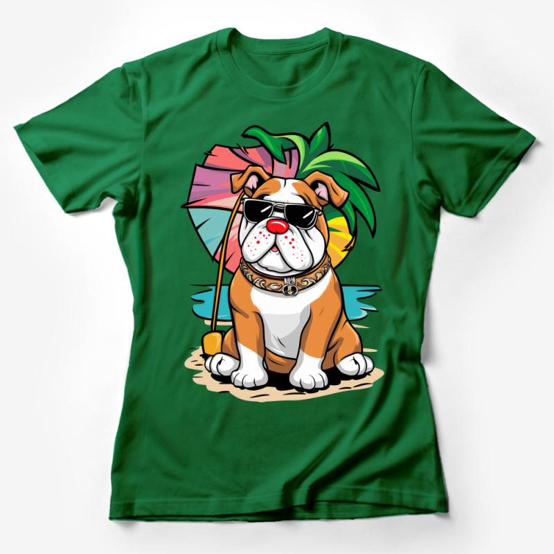 Tropical Bulldog T-Shirt, Colorful Beach Dog Tee, Summer Vacation Pet Shirt, Hawaiian Umbrella Graphic Top, Fun Animal T-Shirt Unisex Female T-Shirt