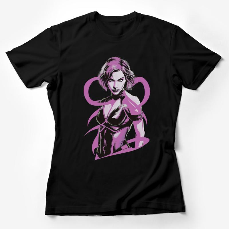 Women's Superhero Graphic Tee, Purple and Black, Stylish Heroine Illustration, Trendy Comic Book Art, Casual Cotton T-Shirt Female T-Shirt