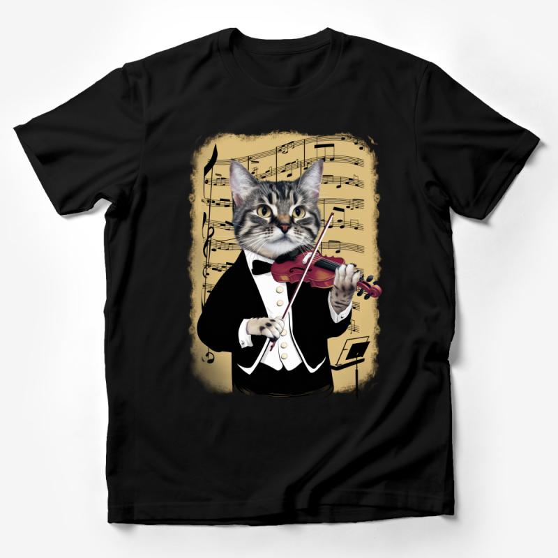 Cat Violinist T-Shirt, Musical Kitty Graphic Tee, Feline Orchestra Musician Top, Animal Lovers Gift, Unique Cat Art Shirt Male T-Shirt