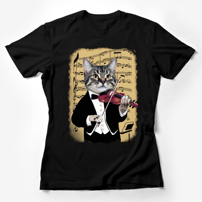 Cat Violinist T-Shirt, Musical Kitty Graphic Tee, Feline Orchestra Musician Top, Animal Lovers Gift, Unique Cat Art Shirt Female T-Shirt