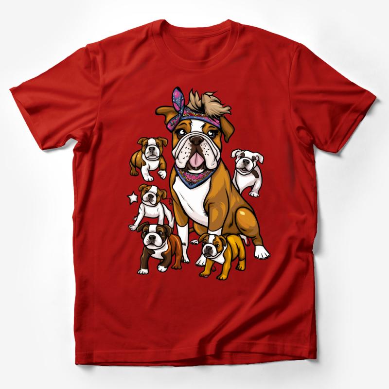 Colorful Bulldog Family T-Shirt, Cute Dog Lovers Tee, Fun Cartoon Bulldog Print, Unisex Adult Clothing, Gift for Pet Owners Male T-Shirt