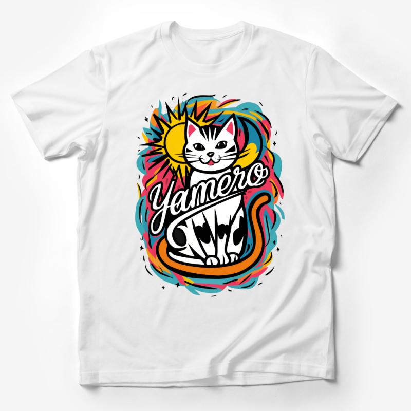 Colorful Cat T-Shirt, Cute Feline Graphic Tee, Casual Kitten Sun Design, Unisex Cat Lover Gift, Vibrant Artistic Apparel, Summer Pet Style Male T-Shirt