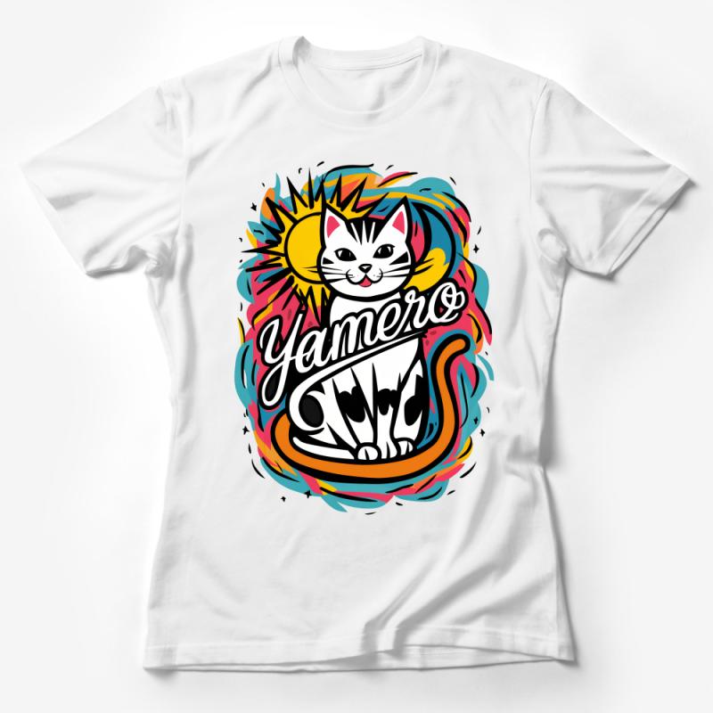 Colorful Cat T-Shirt, Cute Feline Graphic Tee, Casual Kitten Sun Design, Unisex Cat Lover Gift, Vibrant Artistic Apparel, Summer Pet Style Female T-Shirt