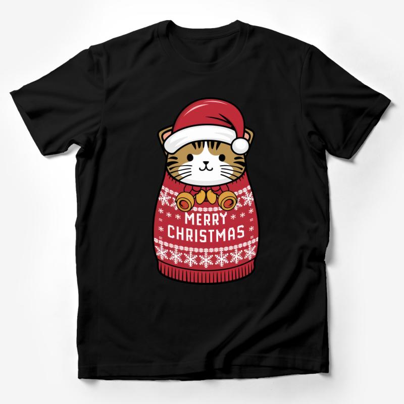 Festive Cat Christmas T-Shirt, Cute Holiday Kitten with Santa Hat, Cozy Winter Apparel, Xmas Gift Tee, Unisex Adult Clothing Male T-Shirt