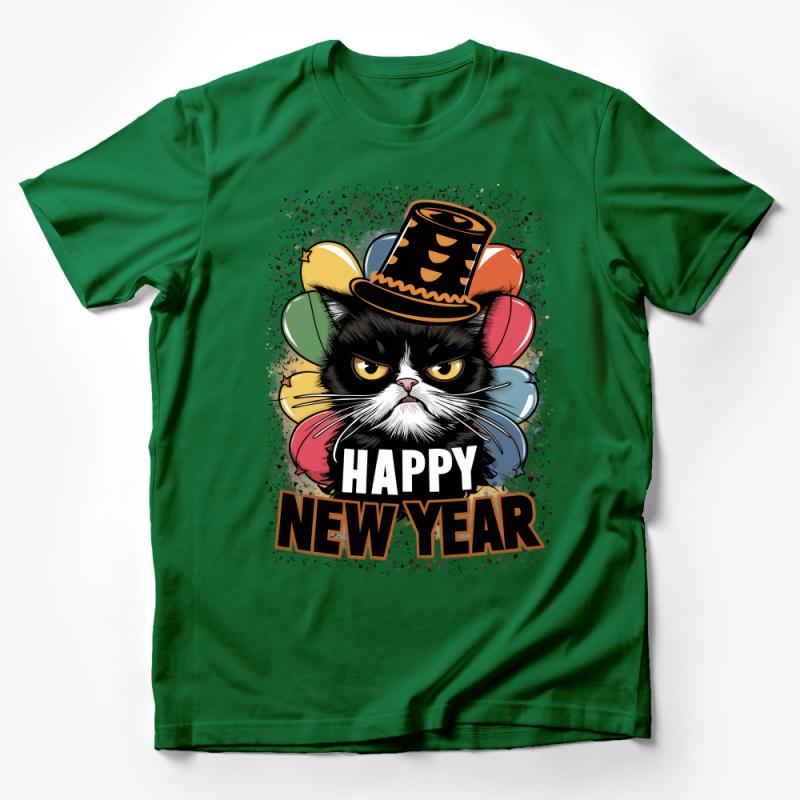 Happy New Year Cat T-Shirt, Festive Kitty with Top Hat, Colorful Balloons Graphic Tee, Unisex Party Cat Lover Shirt Male T-Shirt