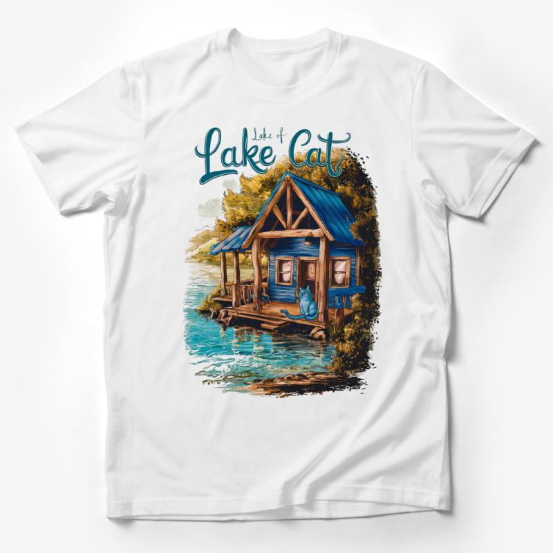 Rustic Cabin by the Lake Cat Illustration T-Shirt, Nature Lover Graphic Tee, Unisex Comfy Cotton Shirt, Casual Outdoor Fashion Male T-Shirt