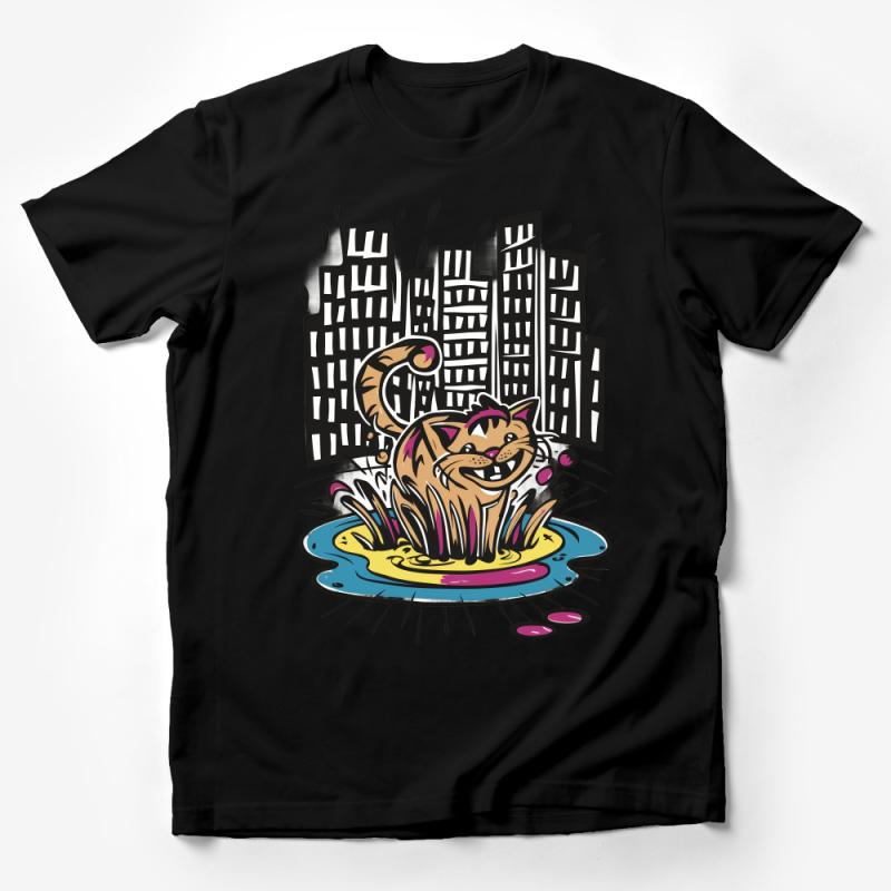 Urban Cat T-Shirt, Whimsical Cartoon Cat in City, Colorful Graphic Tee, Unisex Feline Cityscape Tee Male T-Shirt