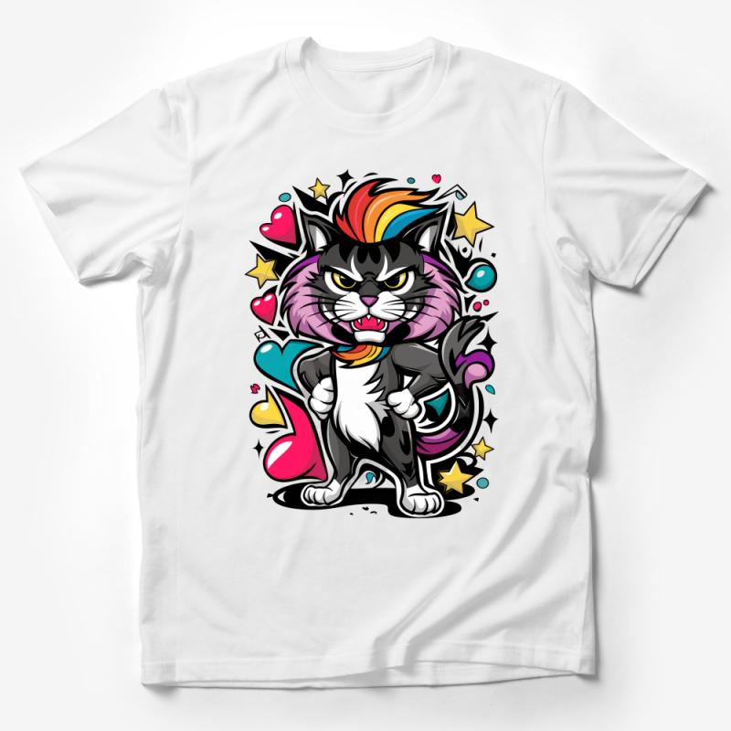 Colorful Cartoon Cat T-Shirt, Funky Cute Cat with Rainbow Mohawk, Graphic Tee for Cat Lovers, Unisex Male T-Shirt