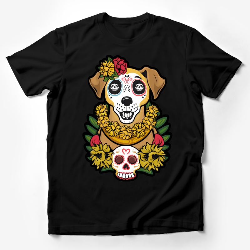 Day of the Dead Dog T-Shirt, Floral Sugar Skull Puppy Tee, Dia de los Muertos Pet Shirt, Unisex Graphic Tee, Halloween Party Top Male T-Shirt